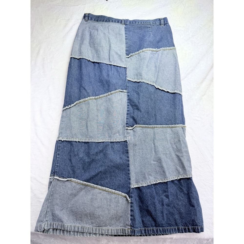 Me and You Vintage 90s Patchwork Denim Maxi Skirt L Boho Raw Hem Multi Wash Blue - Picture 4 of 6